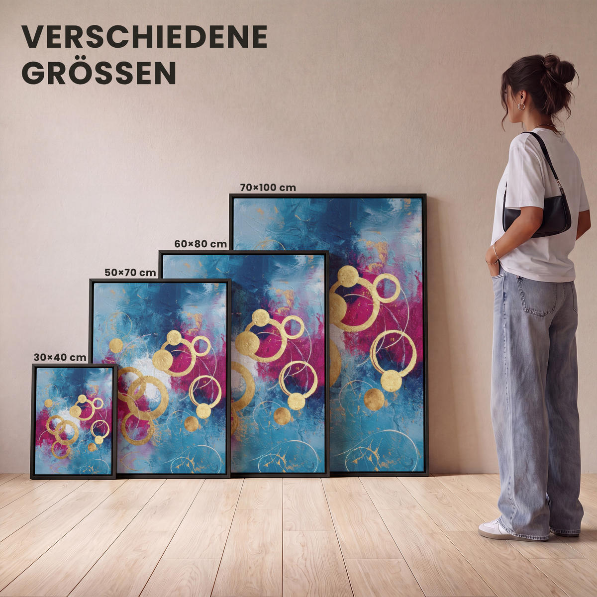LEINWAND Bilder mit Rahmen - Kreise - Gold - Abstrakt - 30x40 - Blau, Textil (30/40cm) - MuchoWow