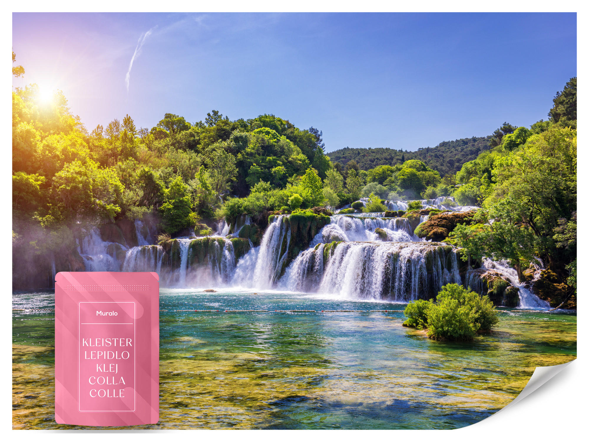 FOTOTAPETE Wasserfälle Wald Landschaft 3D 450x315 - Türkis/Blau, Papier (450/315cm) - Muralo