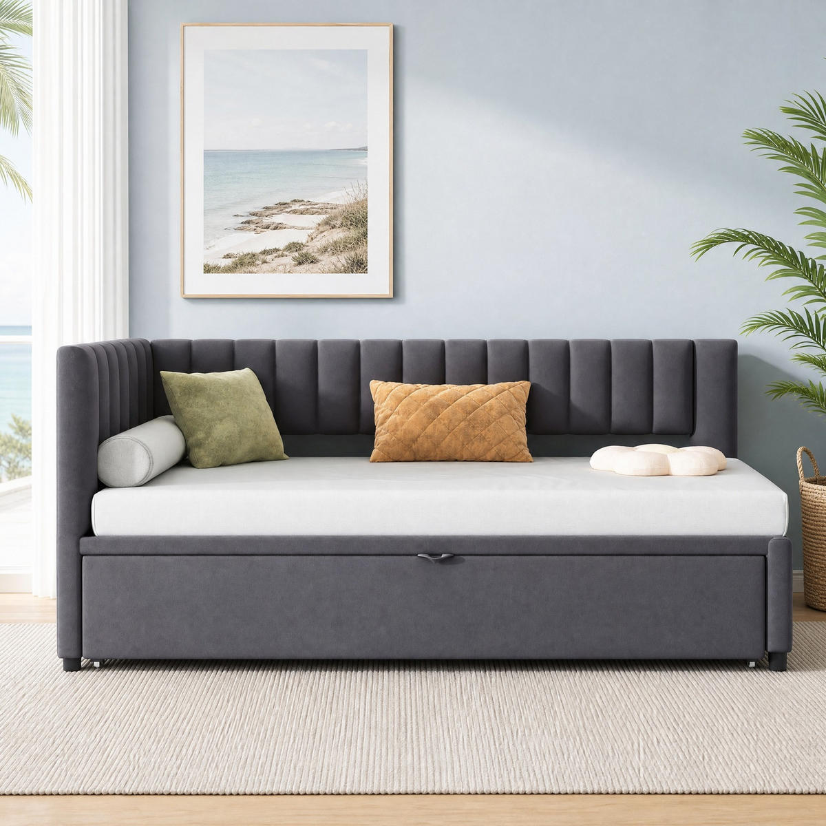 POLSTERBETT 90/200 mit Ausziehbett und Rückenlehne in Grau - Grau, Holzwerkstoff/Textil (90/200cm) - EVRYAE