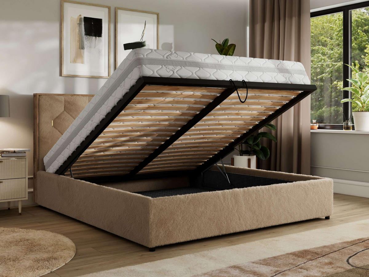 POLSTERBETT LARINO CLASSIC 160/200 - Beige Plüsch - ohne Matratze - Beige, Textil (160/200cm) - MKS