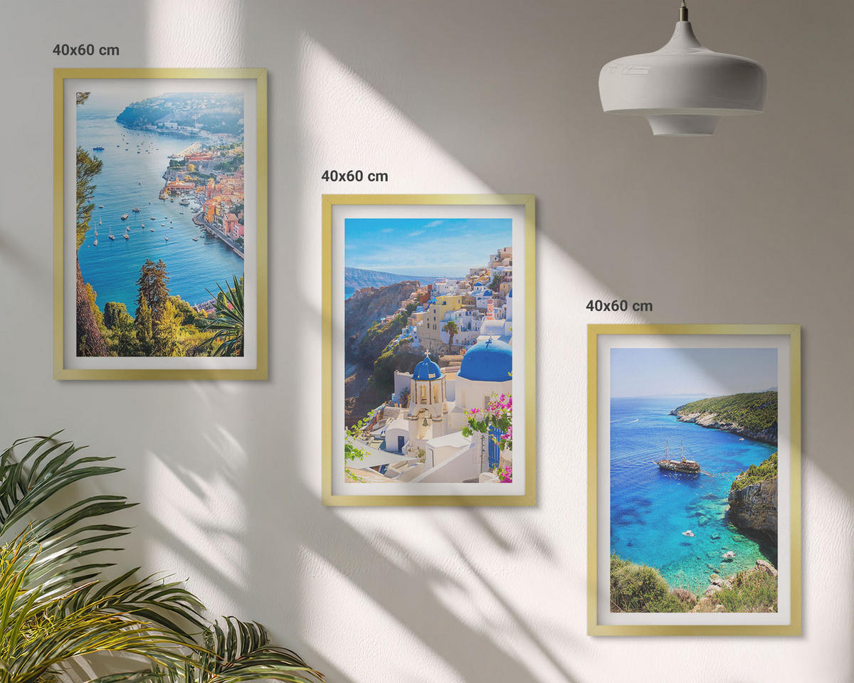 WANDBILDER 3er Set - 40x60 cm Goldrahmen - Griechische Ansichten von Santorin Oia - Goldfarben, Kunststoff (40/60cm) - ArtPrintCave