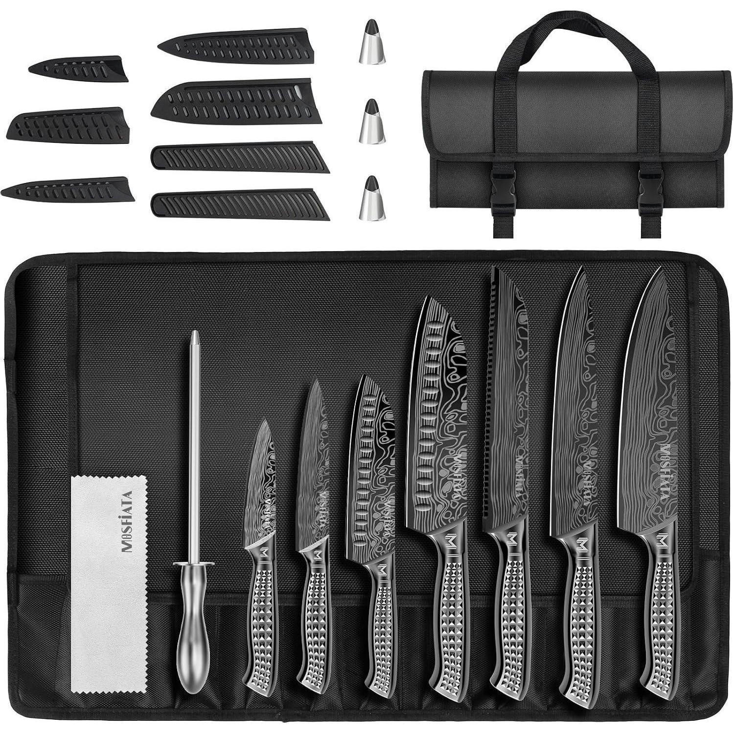 KÜCHENMESSERSET 12-teiliges Set Edelstahl mit Tasche & Wetzstahl - Grau, Metall