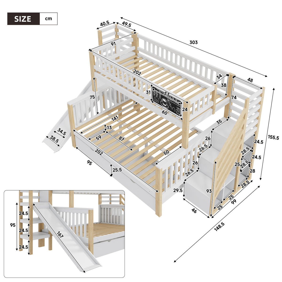 ETAGENBETT 140/200 cm Weiß mit Rutsche und Stauraum - Weiß, Holz (140/200cm) - OKWISH