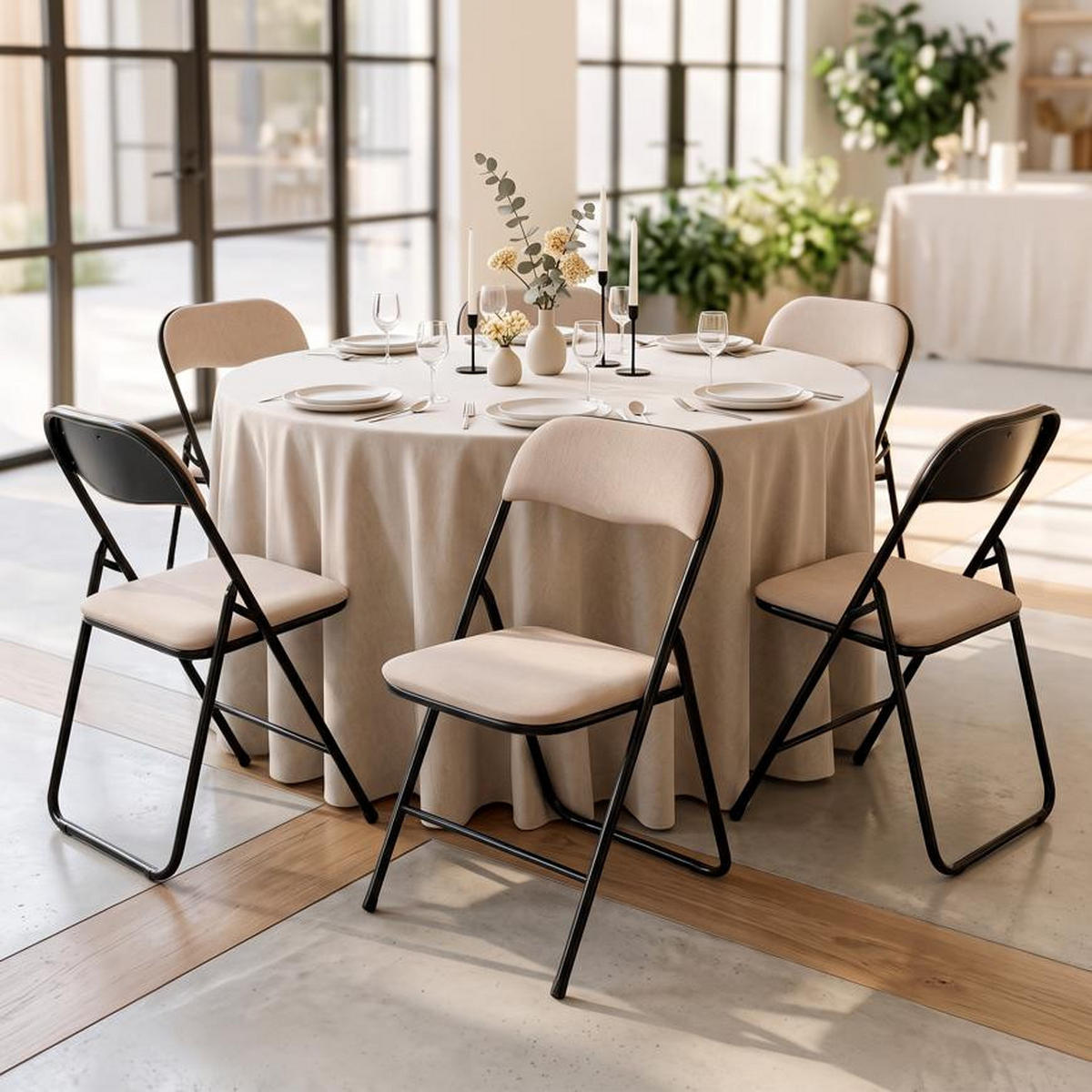 KLAPPSTÜHLE 6er-Set gepolstert, beiger Stoff und schwarze Metallbeine - Greta - Beige/Schwarz, Textil/Metall (44/78/46cm) - Sicaan