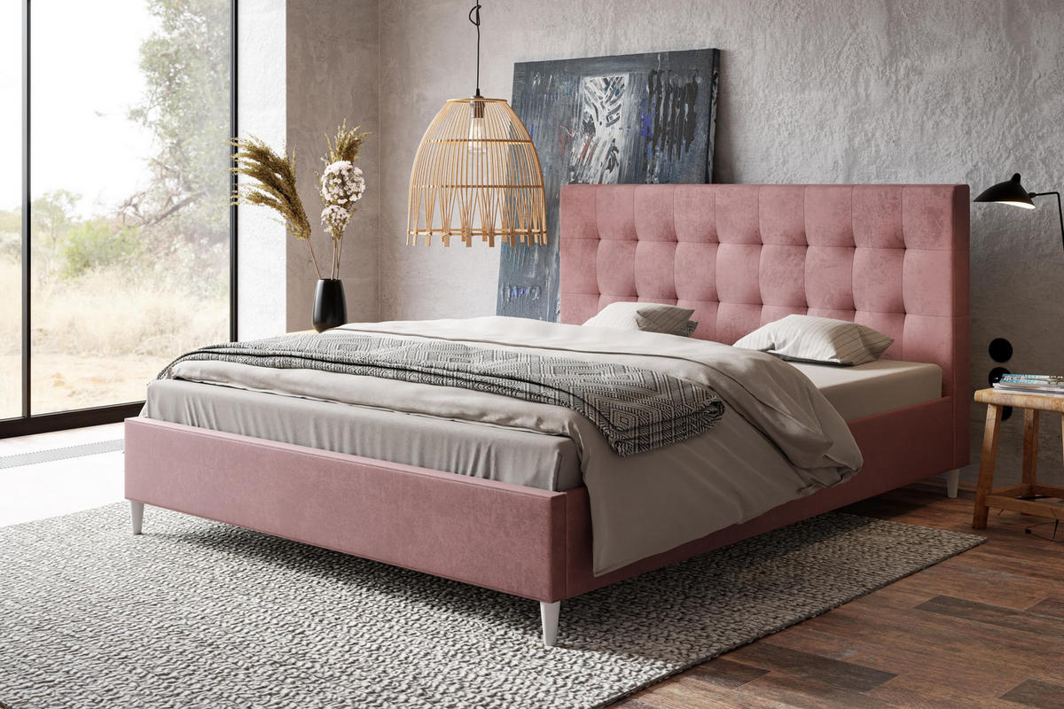 POLSTERBETT LUX Rio mit Kopfteil, 160 x 200 cm, Doppelbett mit Lattenrost aus Holz, Velourstoff Rosa, Füße in Farbe: Weiß - Pink, Holz/Textil (160/200cm) - Alpi-Möbel