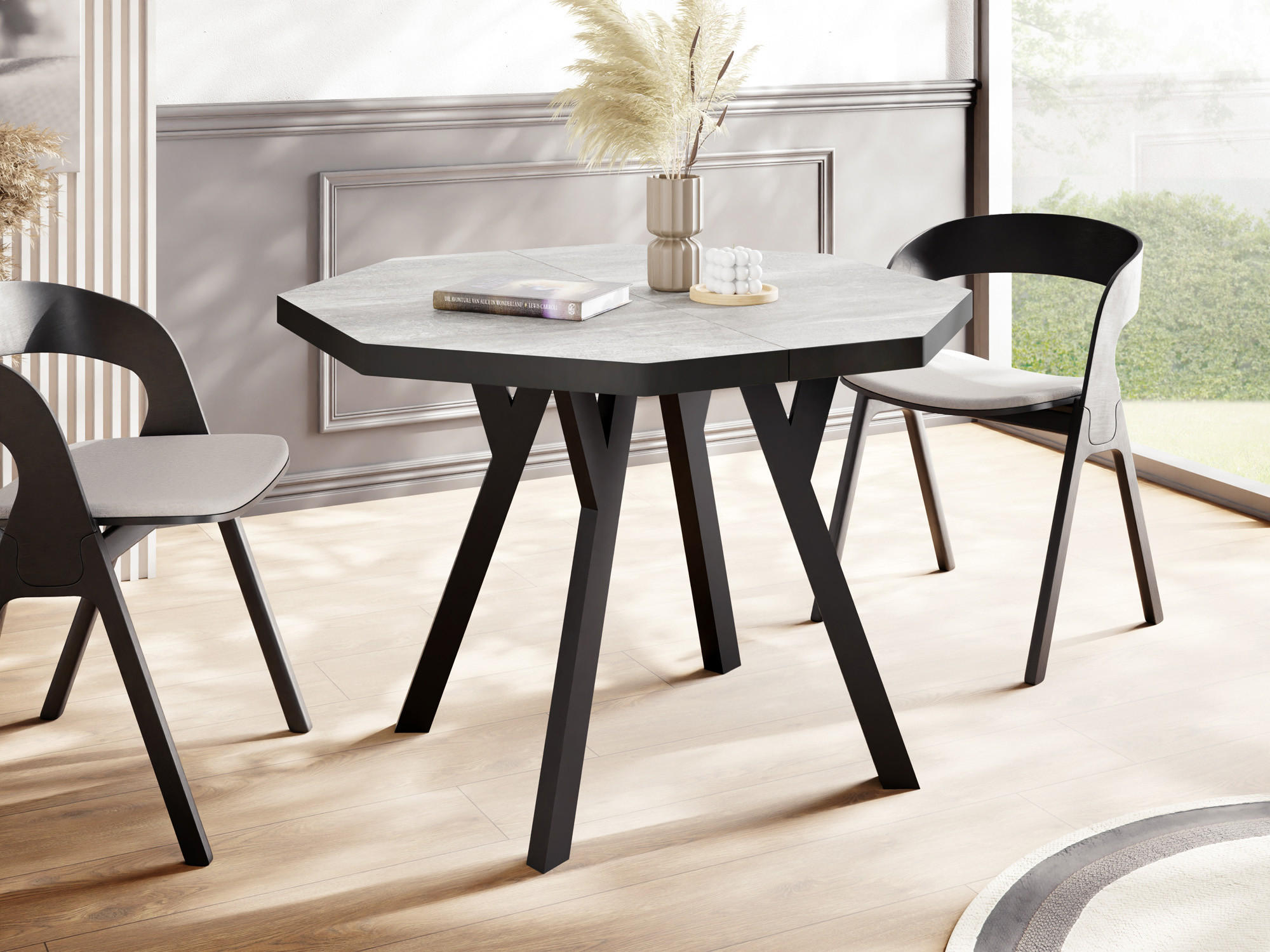 ESSTISCH Desmond achteckiger ausziehbarer, Grauer Beton 100-150/100/76 cm - Hellgrau/Schwarz, Holz/Holzwerkstoff (100/100/76cm) - WFL GROUP