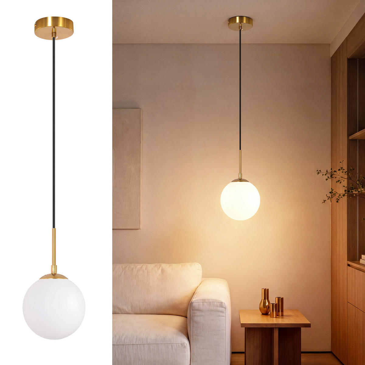 PENDELLEUCHTE Myrith 15/15/150 cm - Goldfarben/Weiß, Glas/Metall (15/15/150cm) - ZMH