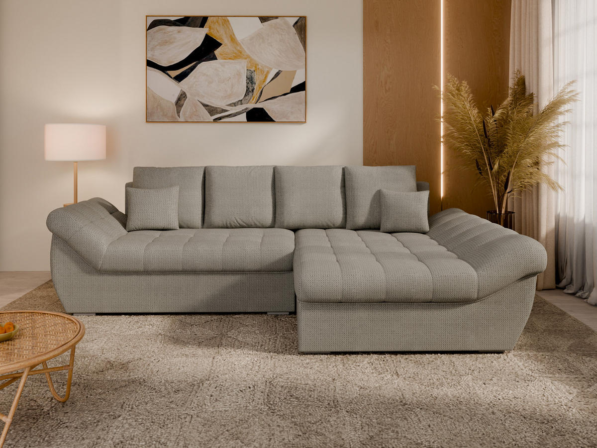 ECKSOFA ZAYA mit Schlaffunktion L-Form, Sofa mit Bettkasten, Wohnzimmersofa, Couch, Soffa, Bettsofa, RECHTS- Elephant - Zinkfarben, Holz (279/175cm) - Homesy