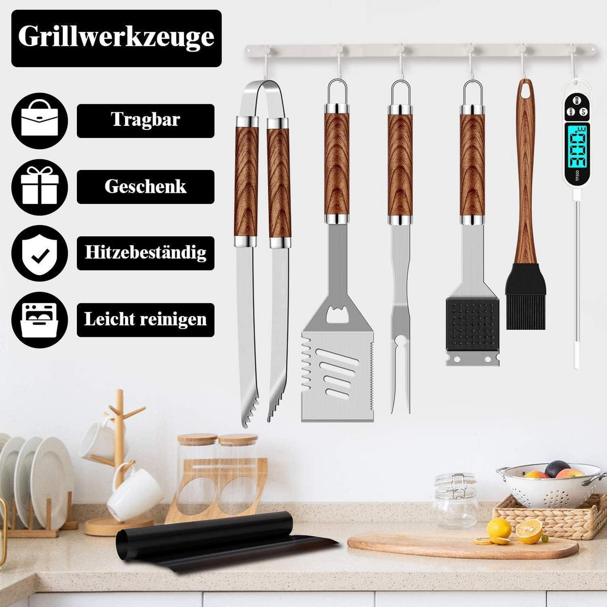 GRILLBESTECK 26-teiliges Set Edelstahl mit Koffer und Fleischthermometer - Braun, Metall (44.5cm)