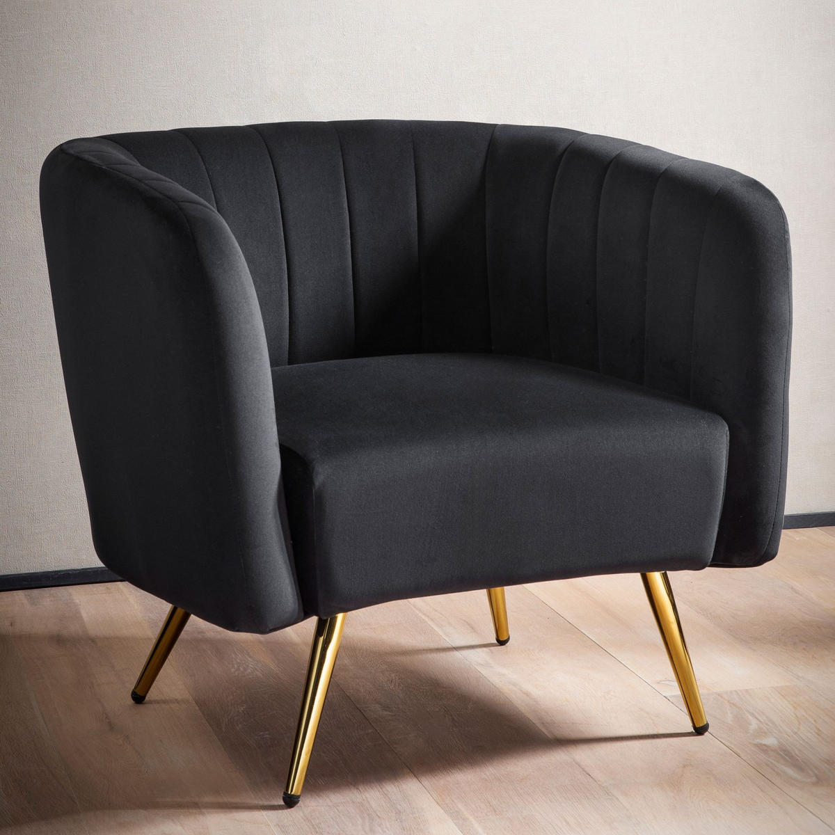 LOUNGESESSEL Samt Schwarz mit Metallgestell und Armlehnen - Goldfarben/Schwarz, Textil/Metall (60/72/85cm) - KADIMA DESIGN