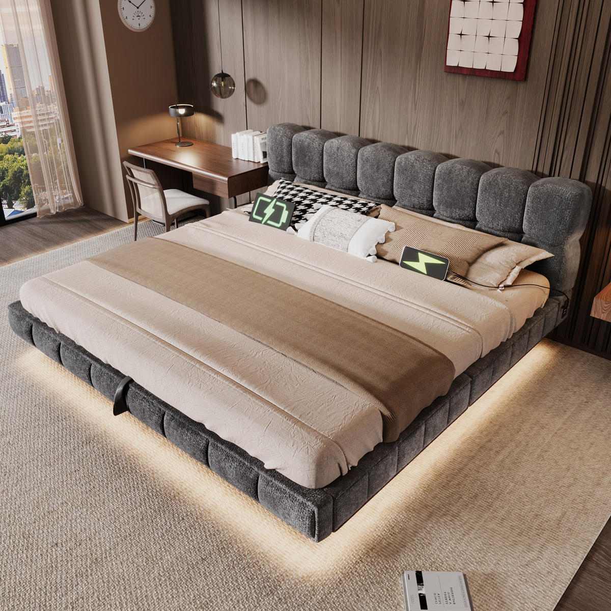 POLSTERBETT aus Chenille 160x200 cm Grau mit Bettkasten, LED-Beleuchtung und USB-/Typ-C-Anschlüssen - Grau, Textil (160/200cm) - Modfu