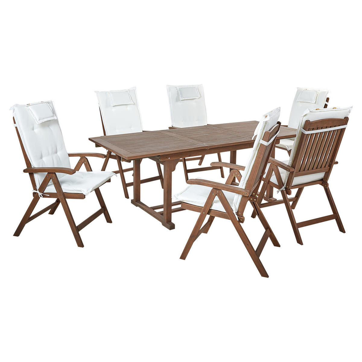 GARTENMÖBEL-SET 6-Sitzer Akazienholz Auflagen cremeweiß Amantea - Dunkelbraun/Weiß, Holz - Beliani