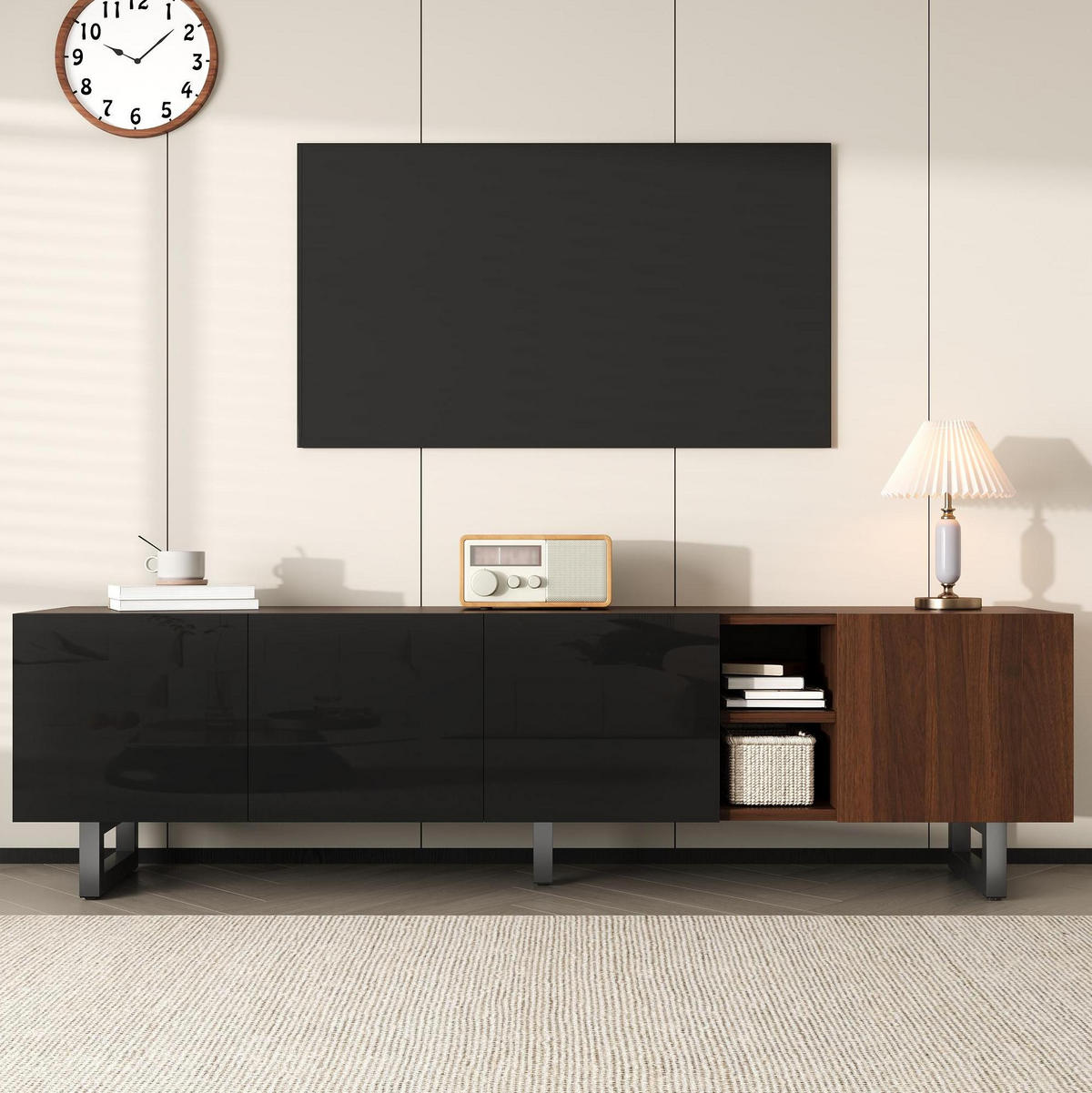 TV-SCHRANK aus MDF 180x38x50 cm Schwarz/Natur mit grifflosen Türen, Hochglanzfront und viel Stauraum - Hellbraun, Holzwerkstoff (180/50/38cm) - Modfu