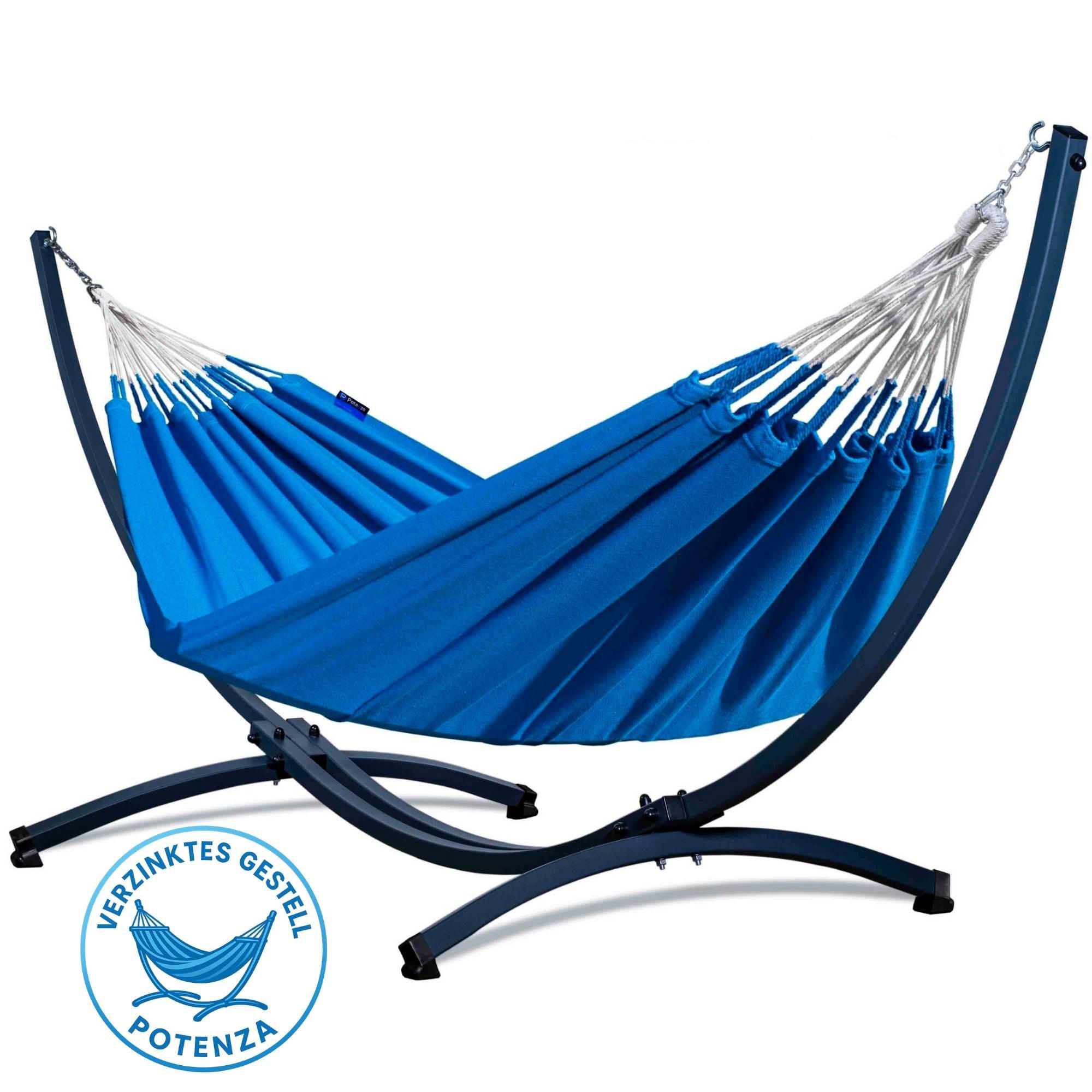 HÄNGEMATTE mit Verzinktem Gestell, 2 Personen, XL, 140 kg, Metall, Medelin Blau, einfache Montage - Blau, Metall (370/130/120cm) - Potenza