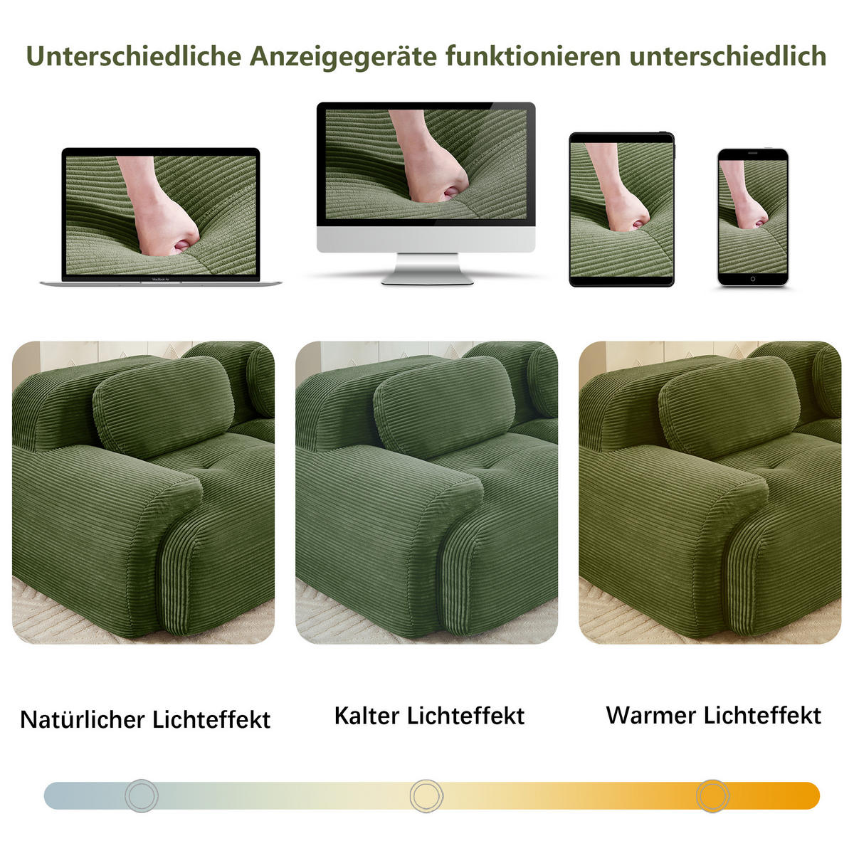 WOHNLANDSCHAFT in Grün aus Cordstoff mit rutschfester Unterseite und ohne Montage - Grün, Textil (178/70/388cm) - Flora Grace