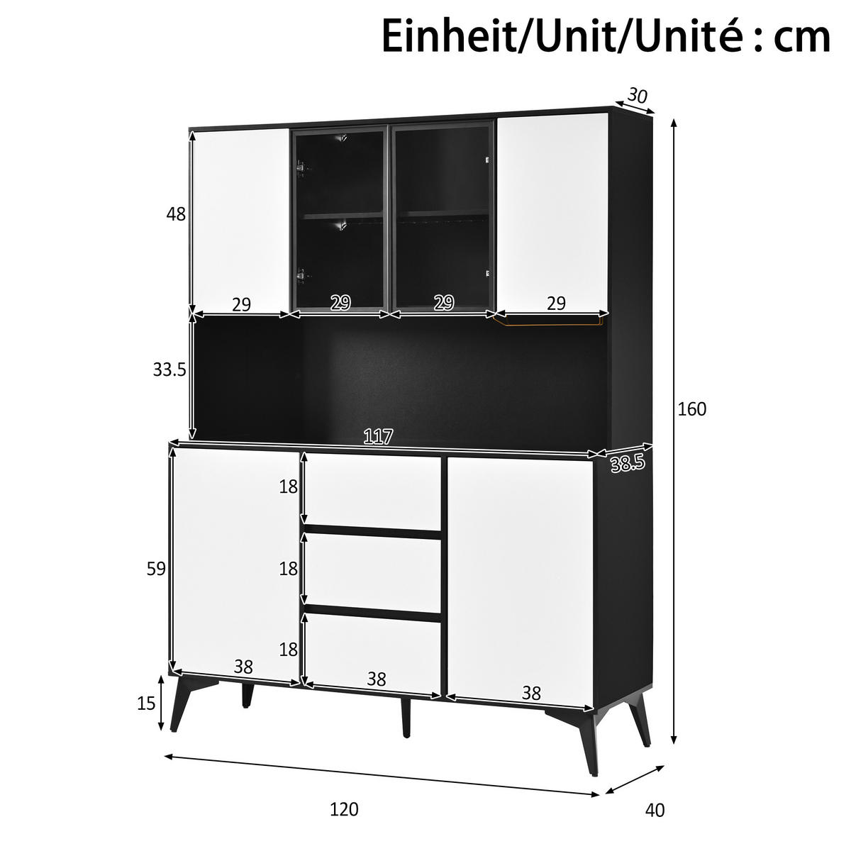 VITRINE LED Hochschrank Schwarz Weiß Glasfront 3 Schubladen - Multicolor, Holzwerkstoff (120/160/40cm) - FLIEKS