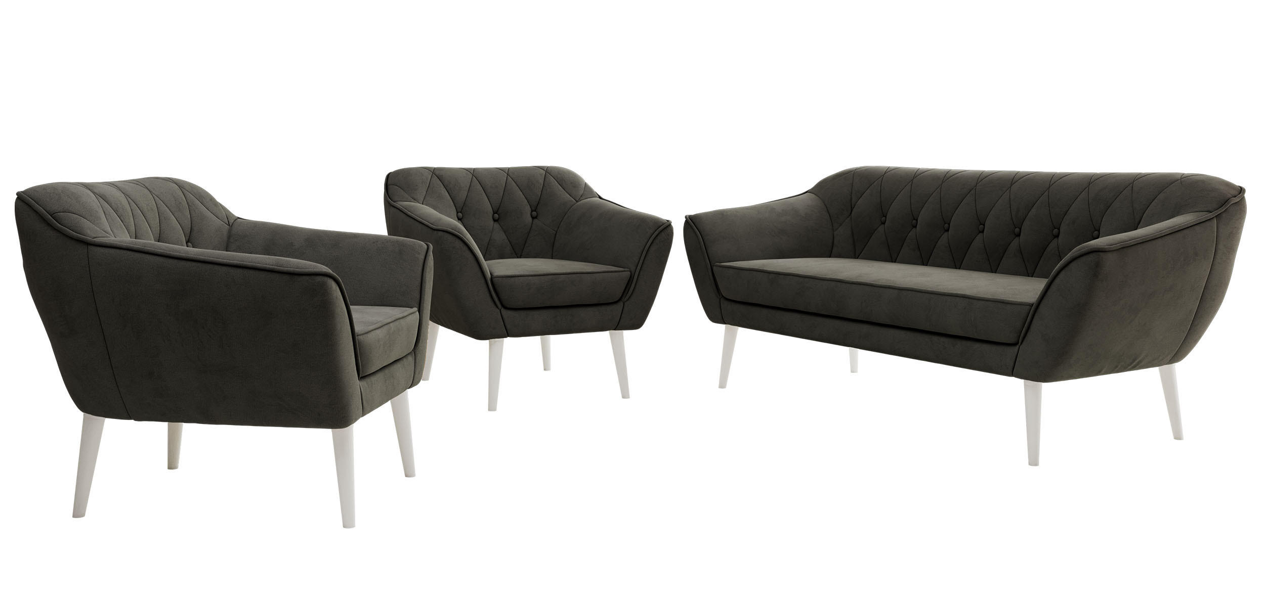 SEDACÍ SOUPRAVA 3+1+1 PIRS - Tmavě šedá Samet - Bílé nohy - bílá/tmavě šedá, kompozitní dřevo/textil (180/75/74cm) - MKS