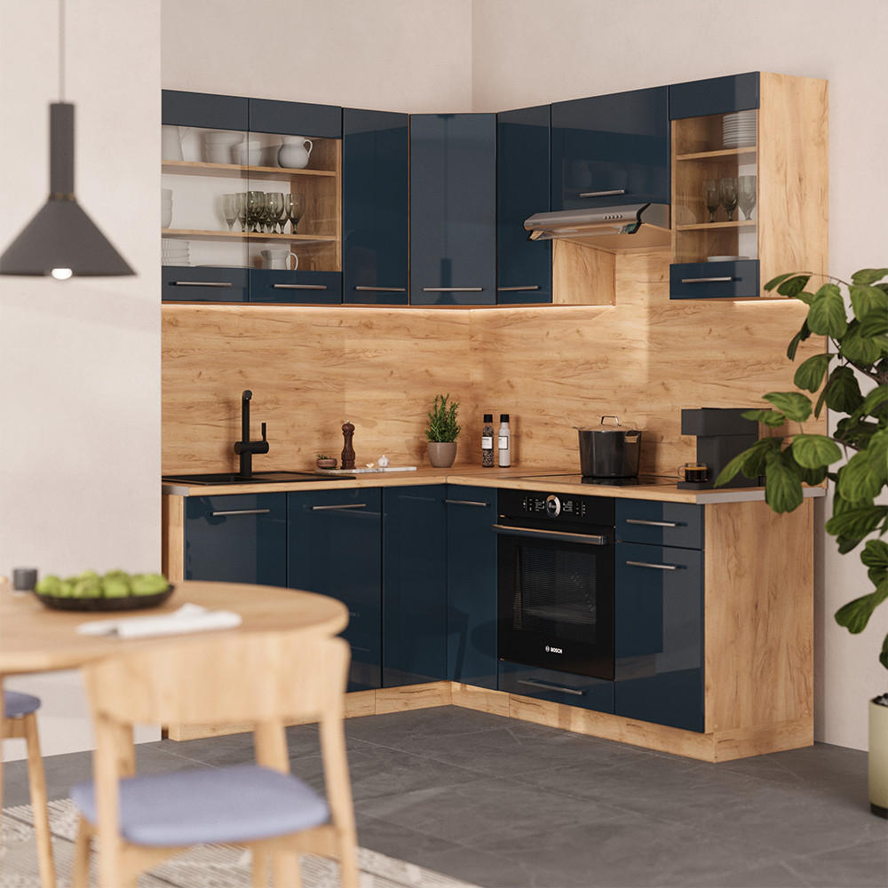 ECKKÜCHE Fame-Line Dunkelblau Hochglanz/Goldkraft Eiche 160x60 cm ohne AP - Eiche Wotan/Dunkelblau, Holzwerkstoff (190/81.6/46cm) - Vicco