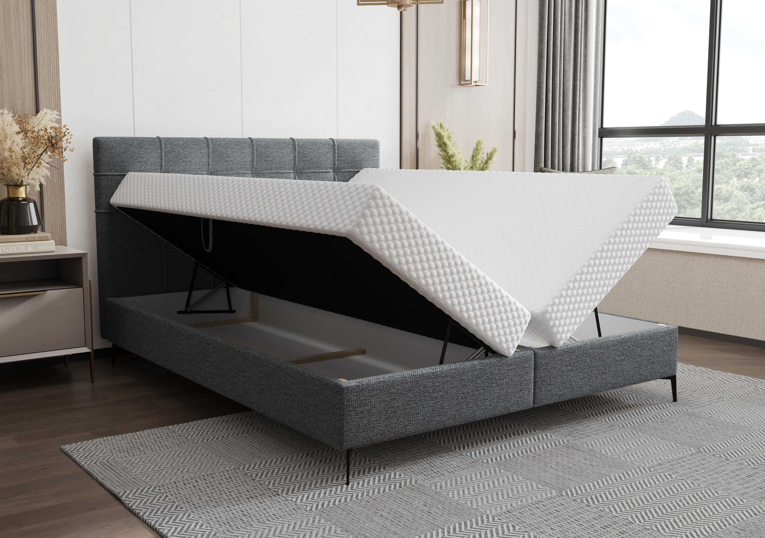 BOXBETT INAO 180x200 mit Matratze H3, Bonell und Topper ARAGON 99 - Schwarz, Textil (180/200cm) - Bedante