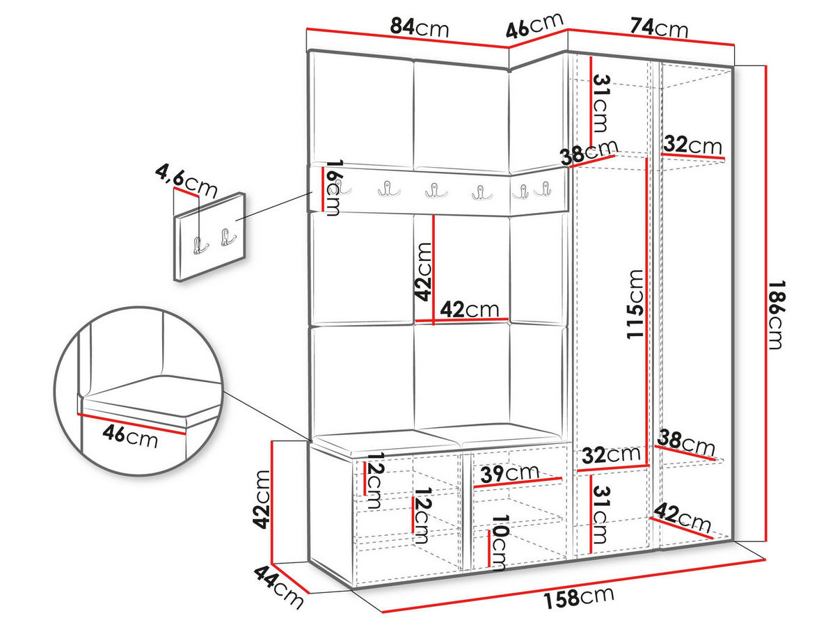 GARDEROBEN-SET Orion XII - Weiß/Rosa, Holzwerkstoff/Kunststoff (158/186/46cm) - MIRJAN24