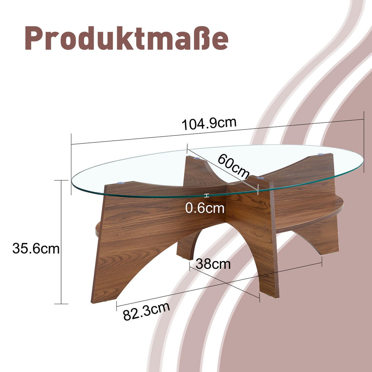 COUCHTISCH oval Sicherheitsglas MDF Transparent/Walnut - Transparent, Glas (104.9/60/35.6cm) - Meubliv