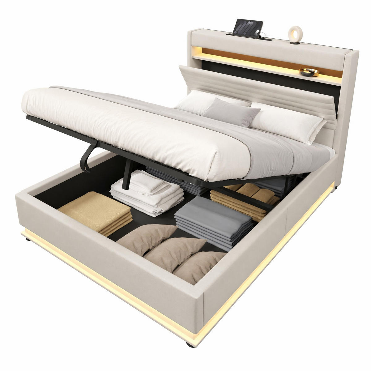 POLSTERBETT 140/200 cm in Beige Leinen mit Bettkasten, LED, USB und Type-C - Beige, Holzwerkstoff/Textil (140/200cm) - CHICFURN