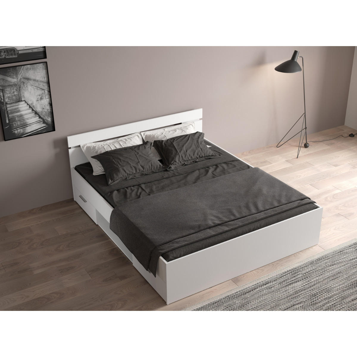 BETT 160x200 cm 2 schubladen und 1 fach - michigan 164,5/204,3/74,2 cm - Weiß, Holzwerkstoff (200/160cm) - Calicosy