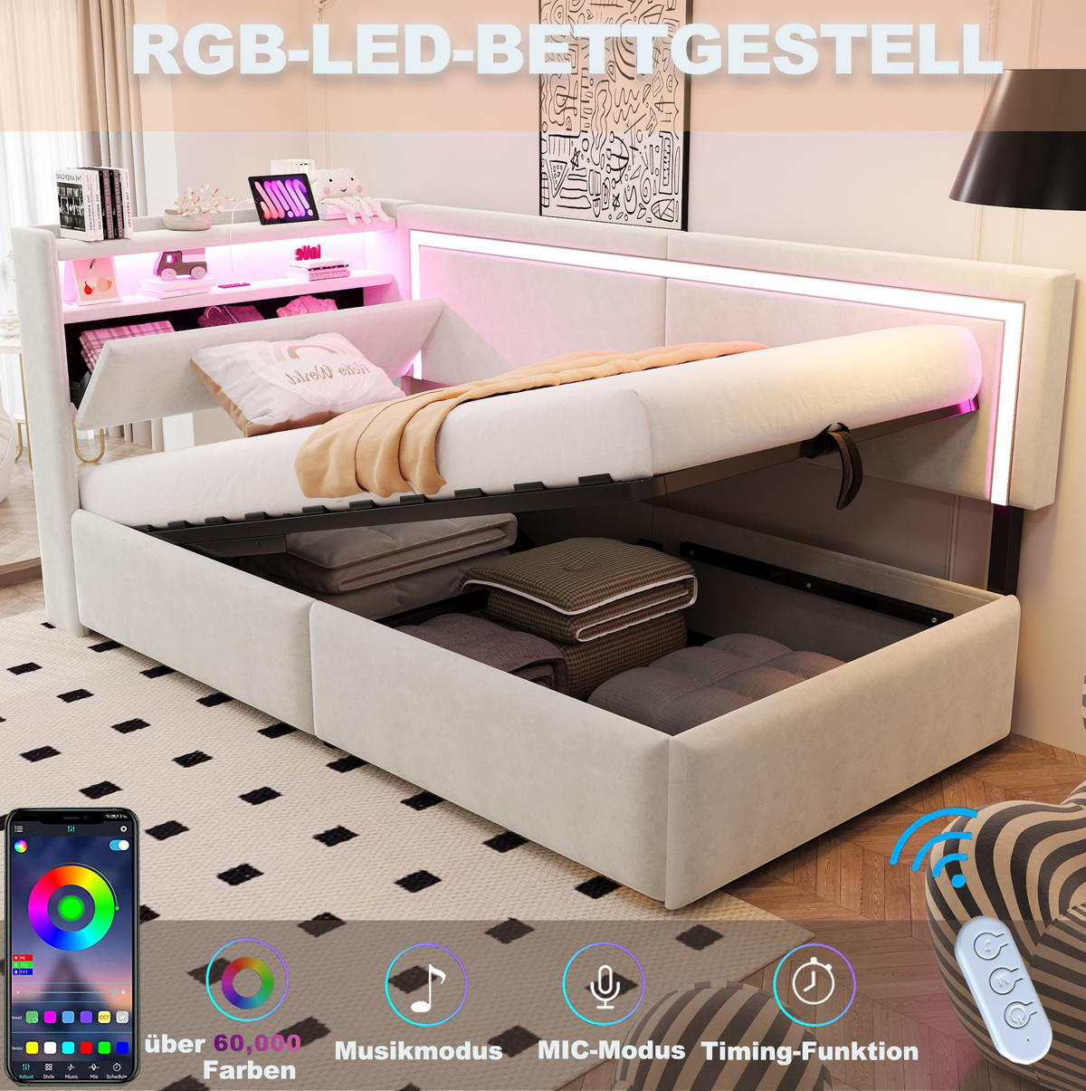 SCHLAFSOFA 90x200 cm in Beige mit LED-Beleuchtung, USB-Anschlüssen und Stauraum - Beige, Textil (90/200cm) - IVMEU