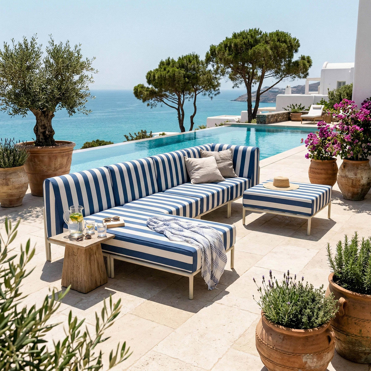 GARTENSOFA mit 5 Sitzplätzen, Blau - Blau, Textil - Oviala