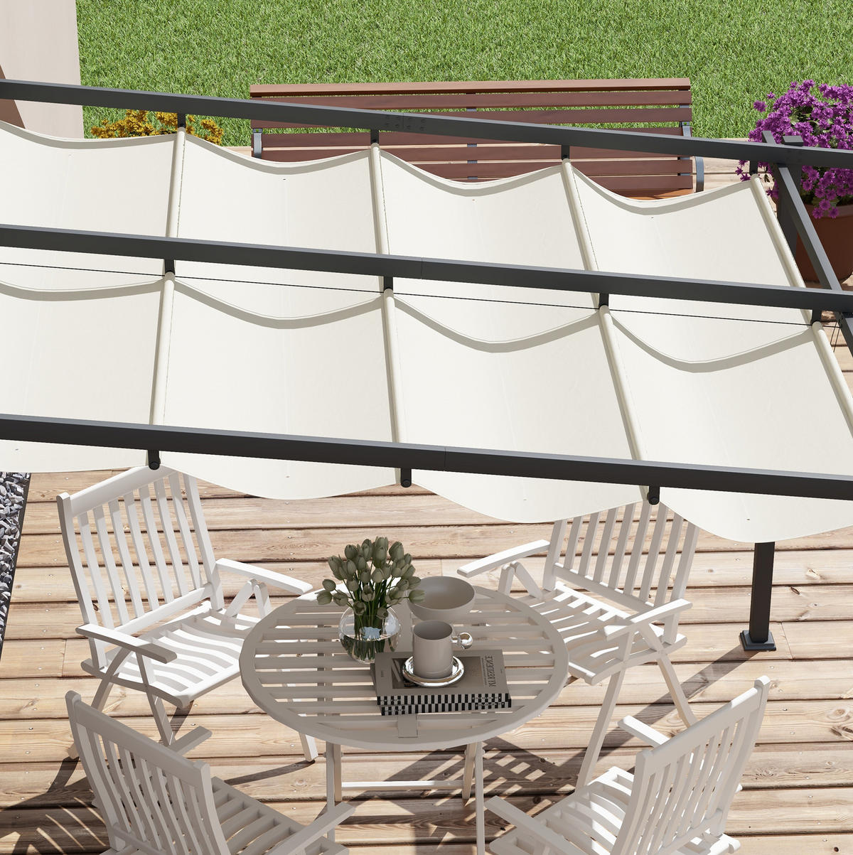PAVILLON 297/297/200/230 cm cremeweiß aus Aluminium mit ausziehbarem Dach - Beige, Metall (297/230/297cm) - OKWISH