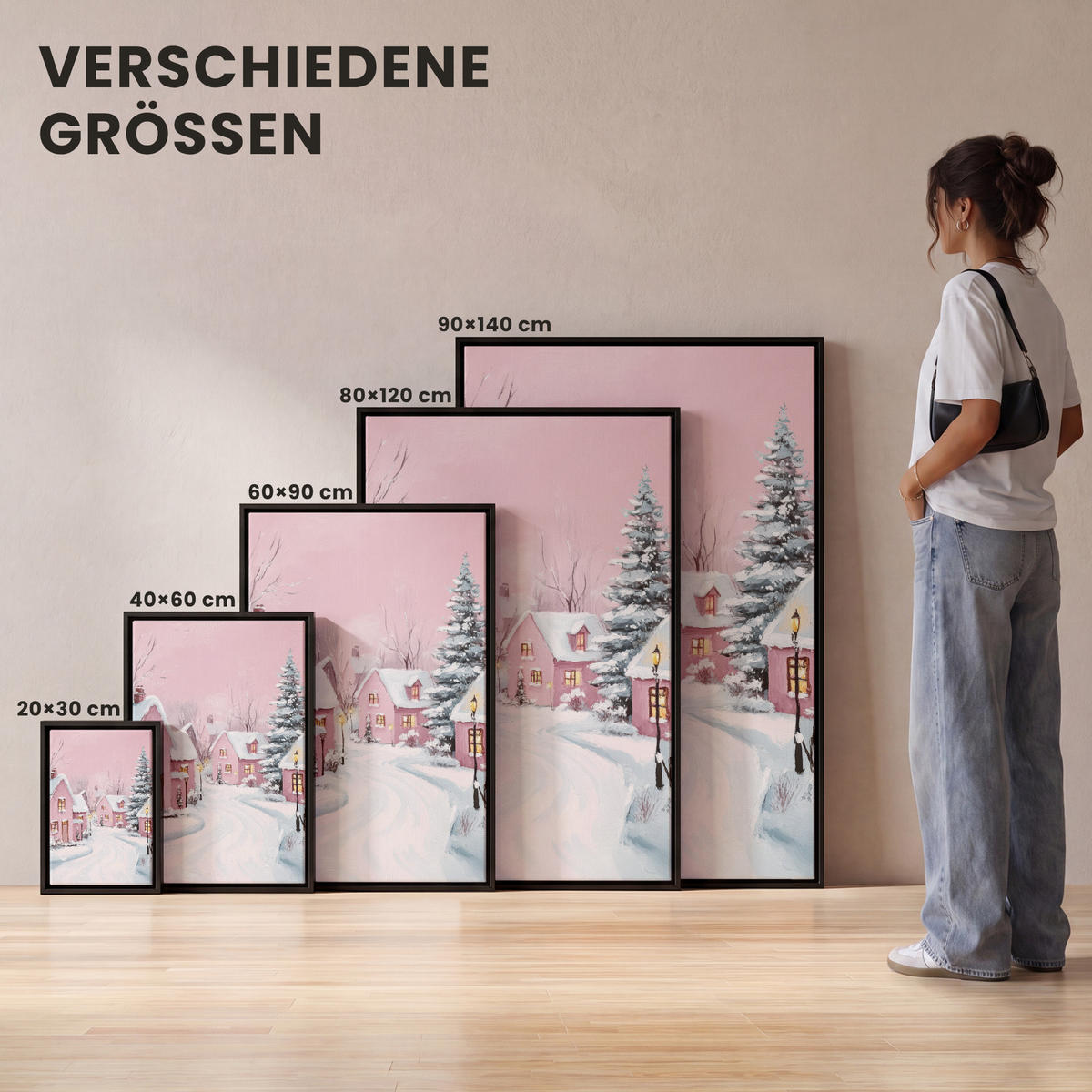 LEINWAND Bilder mit Rahmen - Weihnachtsdorf - Rosa - Winter - Schnee - Häuser - 80x120 - Altrosa, Textil (80/120cm) - MuchoWow