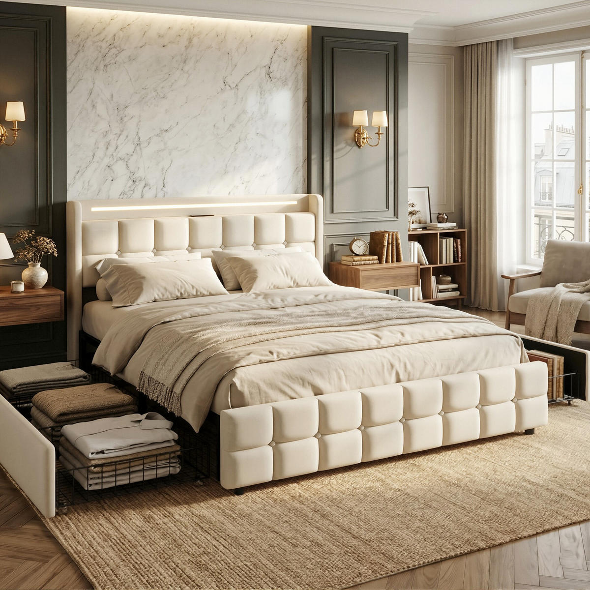 POLSTERBETT Geometrisch 180/200 cm mit 4 Schubladen & LED Leinenoptik Beige - Beige, Textil (180/200cm) - Creahappy
