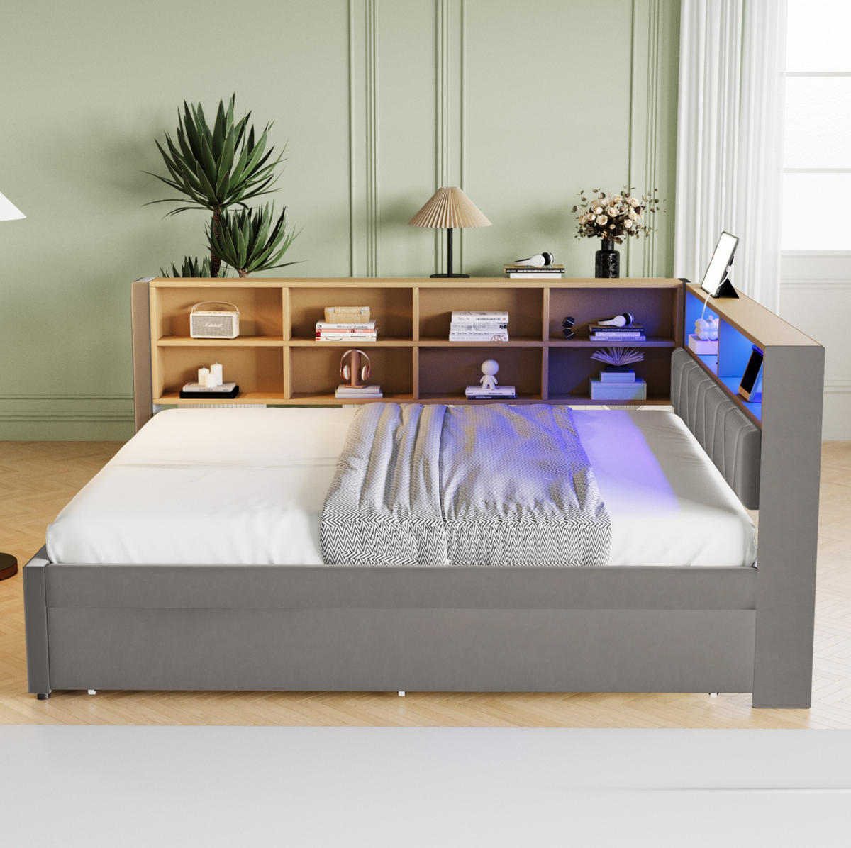 BETT 140/200 cm mit Ausziehbett 90/190 cm, LED und Stauraum, Dunkelgrau - Dunkelgrau, Textil (140/200cm) - BEAOK