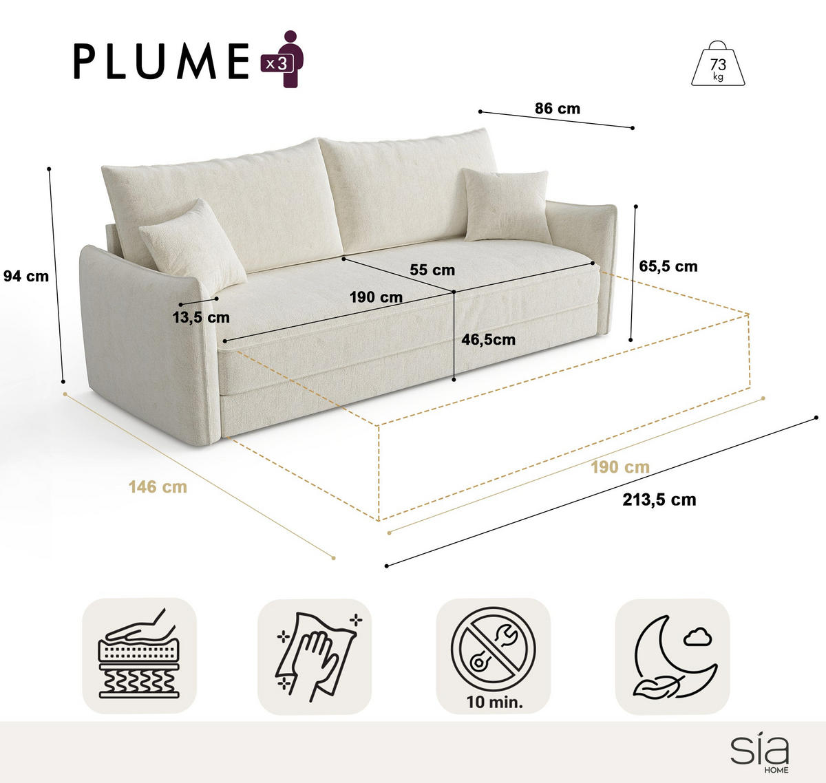 SCHLAFSOFA GERADE Texturierter Samt Taupe 213.5cm - Taupe, Textil (213.5/94/66cm) - Sia Home