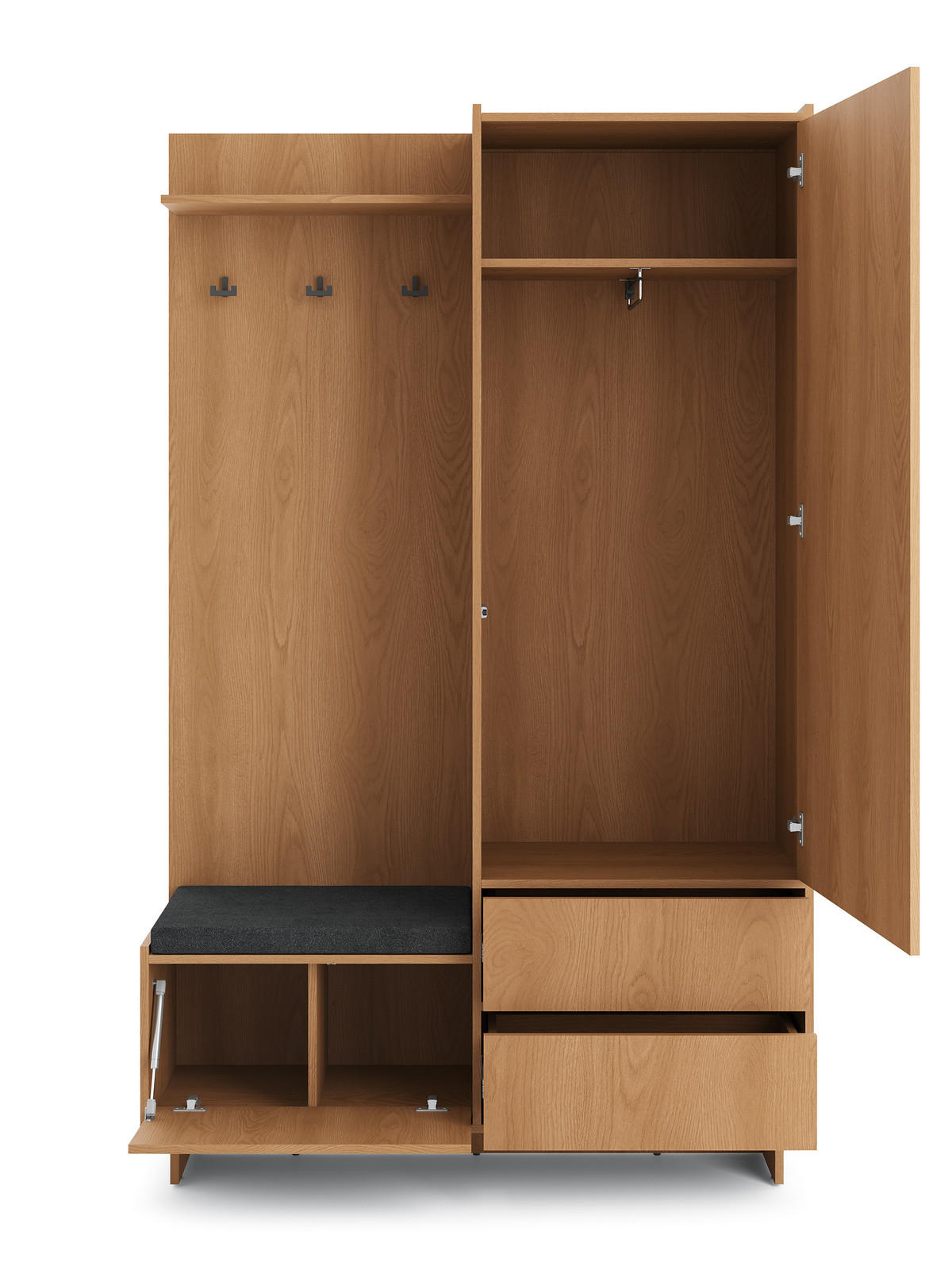 GARDEROBE SUNA 125 cm (Eiche Karamell, Spiegel, Sitzkissen, Push to Open) - Eichefarben, Holz/Holzwerkstoff (125/201/39cm) - Ravio