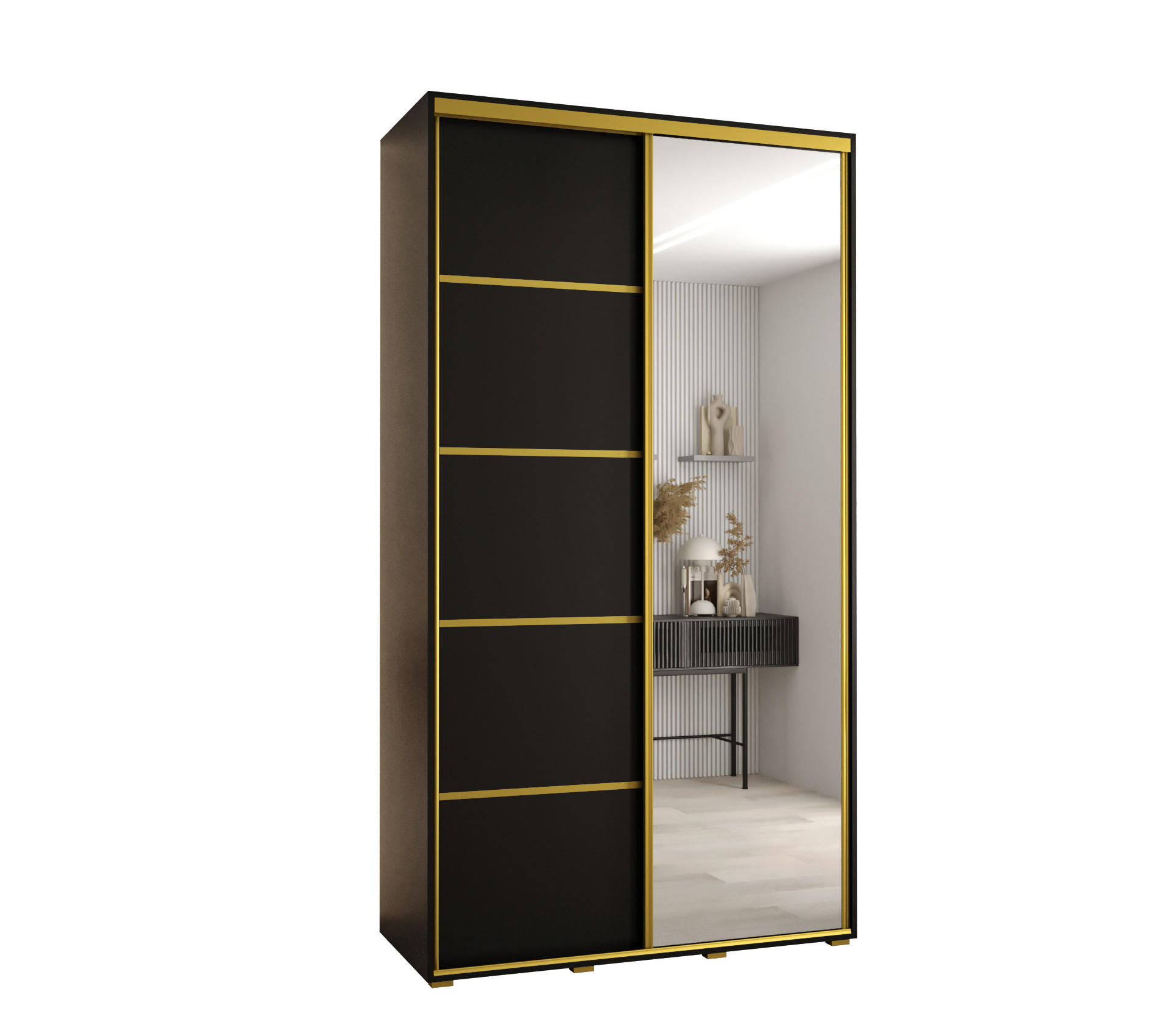 Abiks Möbel Schwebetürenschrank Schwarz, Schwarz, Gold 130x235x60 cm