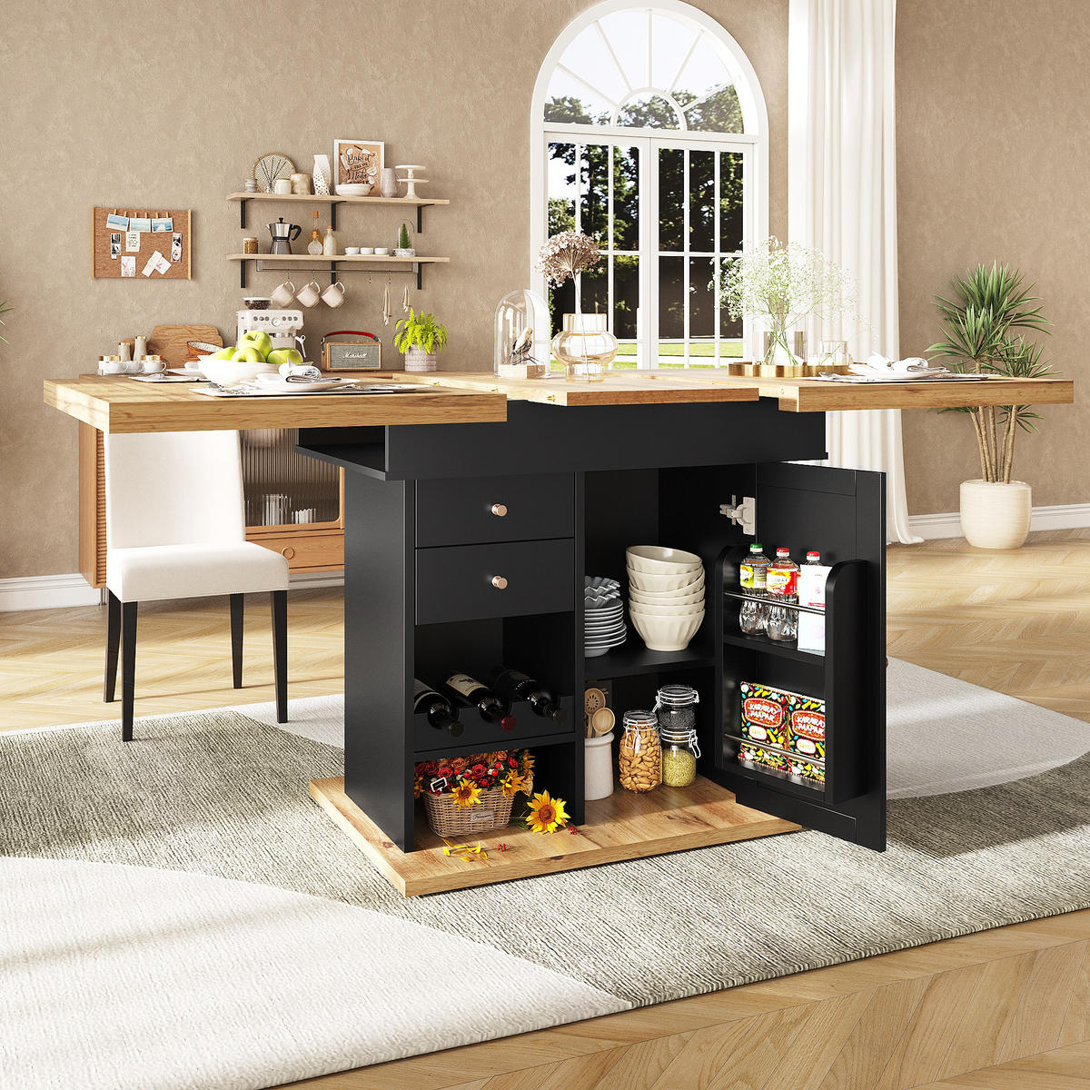 ESSTISCH, ausziehbar 110-140/80/75 cm mit Stauraum & Snack-/Weinregal, Schwarz/Natur - Schwarz, Holzwerkstoff (110/80/75cm) - Redom