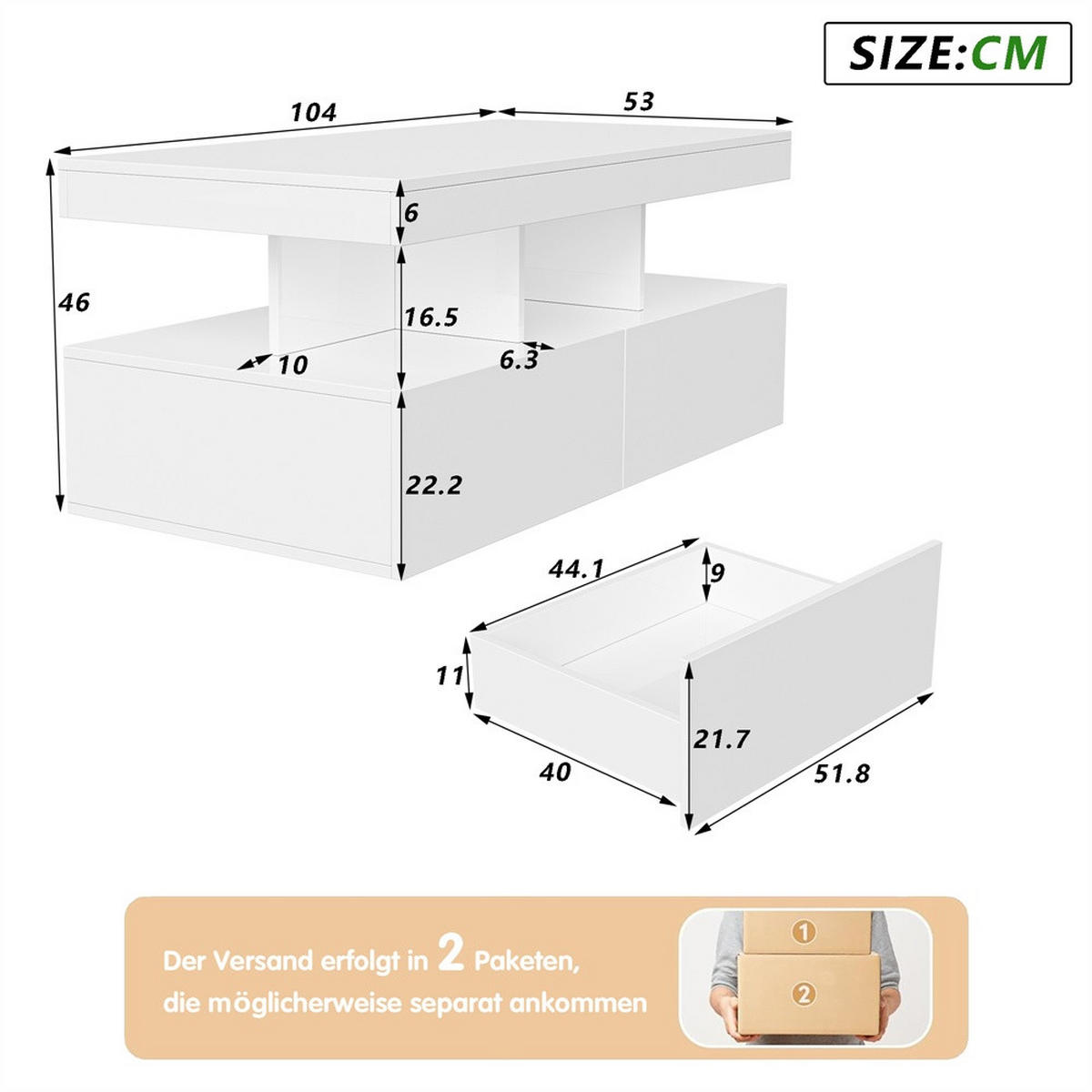 COUCHTISCH in Hochglanz-Weiß mit LED-Beleuchtung und 2 Schubladen - Weiß, Holzwerkstoff (104/53/46cm) - DELFA