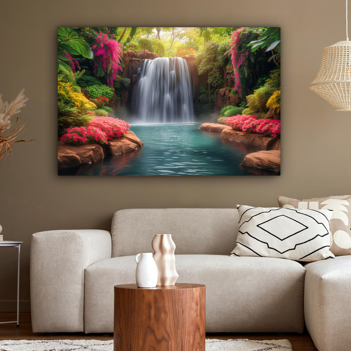 LEINWANDBILD Wasserfall - Natur - Pflanzen - Dschungel - Wasser Groß 140x90 cm - Grün, Textil (140/90cm) - MuchoWow