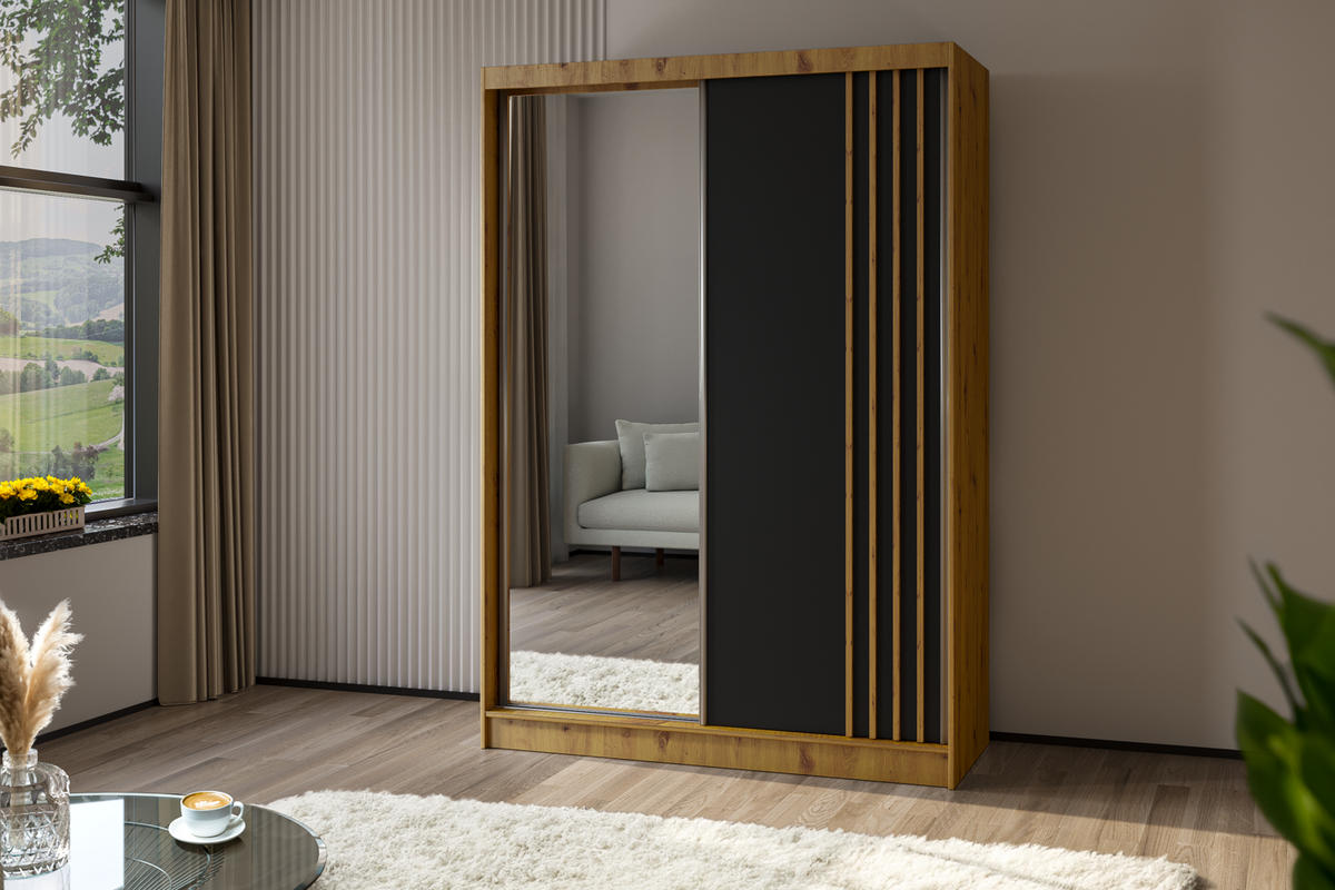 SCHWEBETÜRENSCHRANK Neli 150 cm mit Lamellen und Spiegel 2-türig, Artisan, schwarz, Lamelle Artisan - Eiche Artisan, Kunststoff (150/216/61cm) - Margaret Hadas24