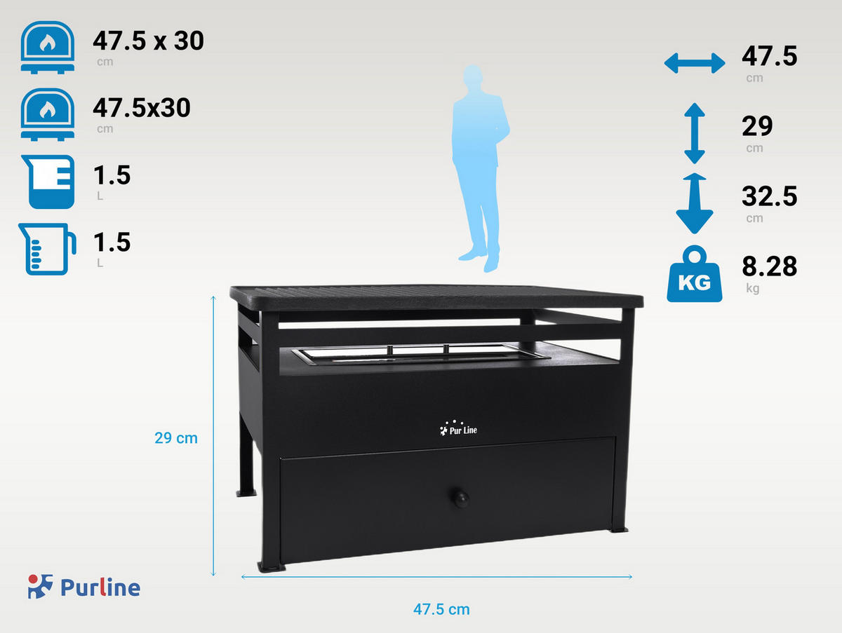BIOETHANOL-GRILL Schwarz inklusive 1.5 L-Tank mit Gusseisen-Plancha - Schwarz, Metall (48/29/33cm) - Purline
