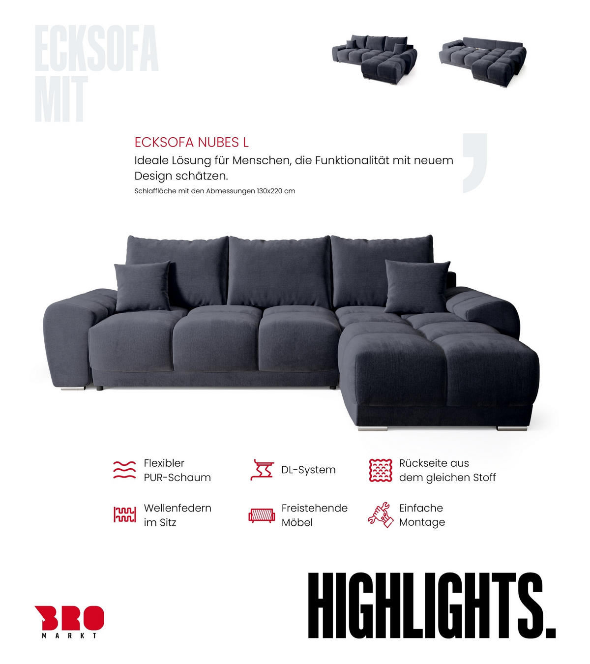 ECKSOFA Nubes mit Schlaffunktion Graphit Plüsch - Silberfarben/Graphitfarben, Kunststoff/Textil (290/180cm) - Bromarkt