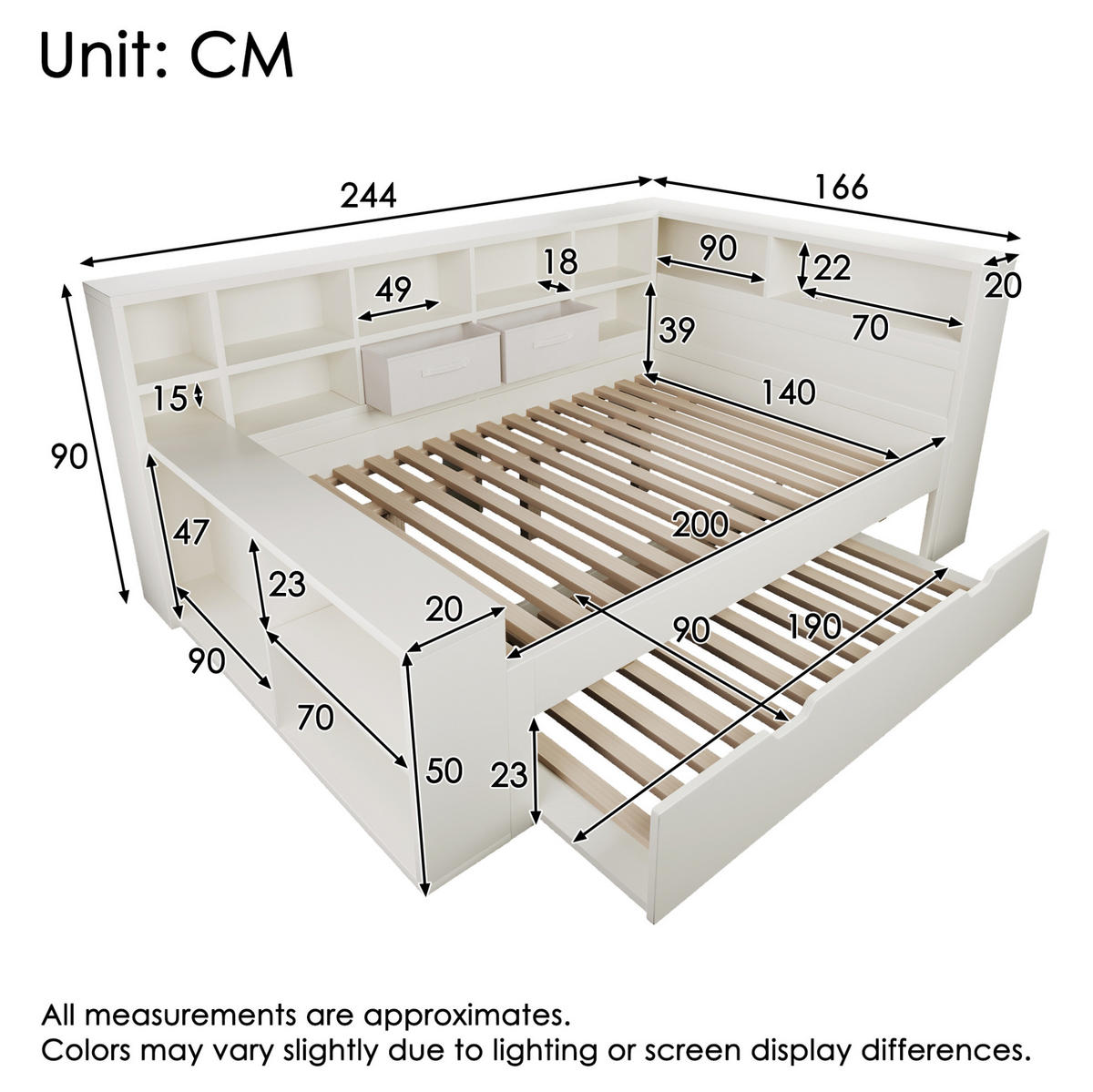 JUGENDBETT Stauraumbett 140/200 cm aus Kiefernholz und Spanplatte mit Ausziehbett und USB-Ladeanschlüssen Weiß - Weiß, Holz (140/200cm) - Modenvie