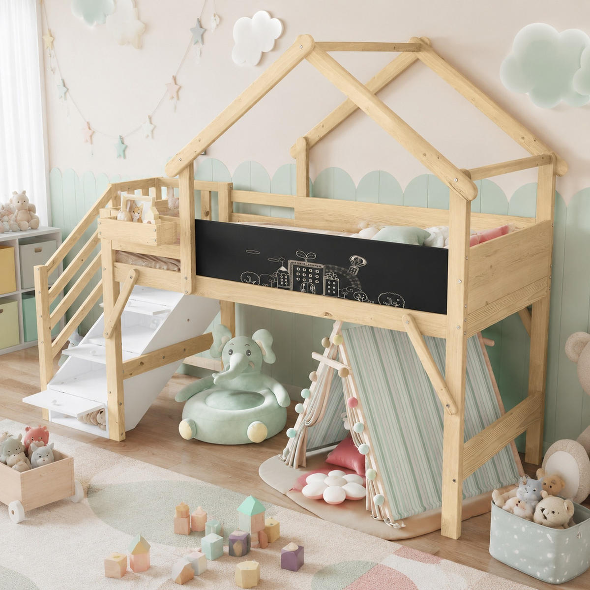 HOCHBETT 90/200 mit Dachdesign, Maltafel und Stauraumtreppe in Weiß und Natur - Weiß/Naturfarben, Holzwerkstoff (90/200cm) - EVRYAE