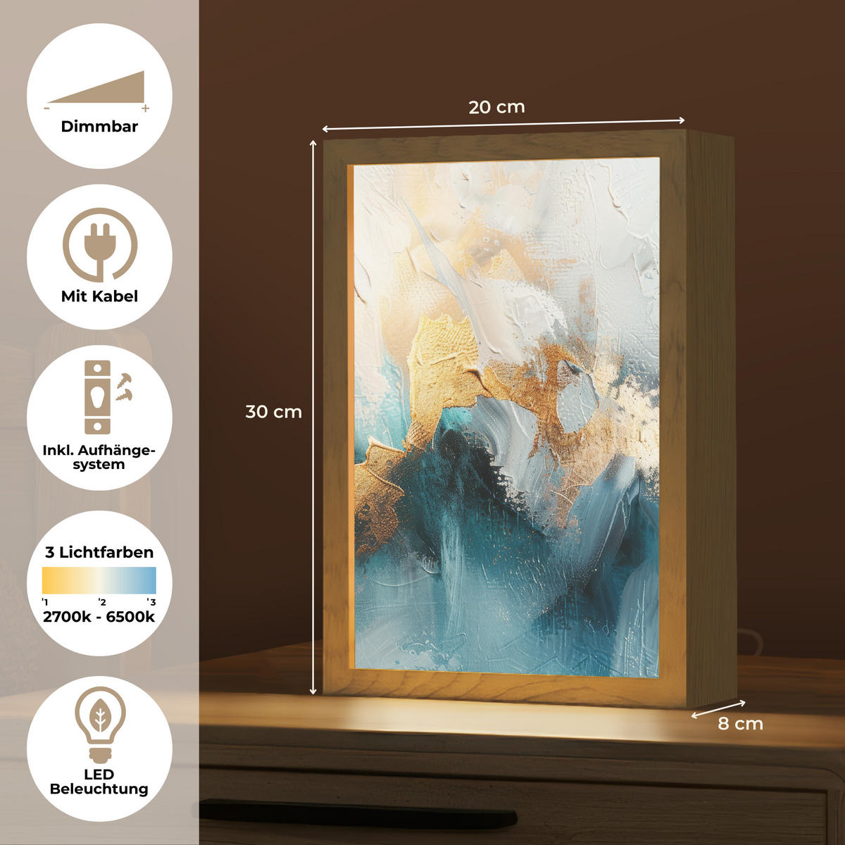 NÁSTĚNNÁ LAMPA Abstraktní - umění - zlatá - modrá 20x30 cm - tyrkysová, kompozitní dřevo (20/30/8cm) - OnlyWow
