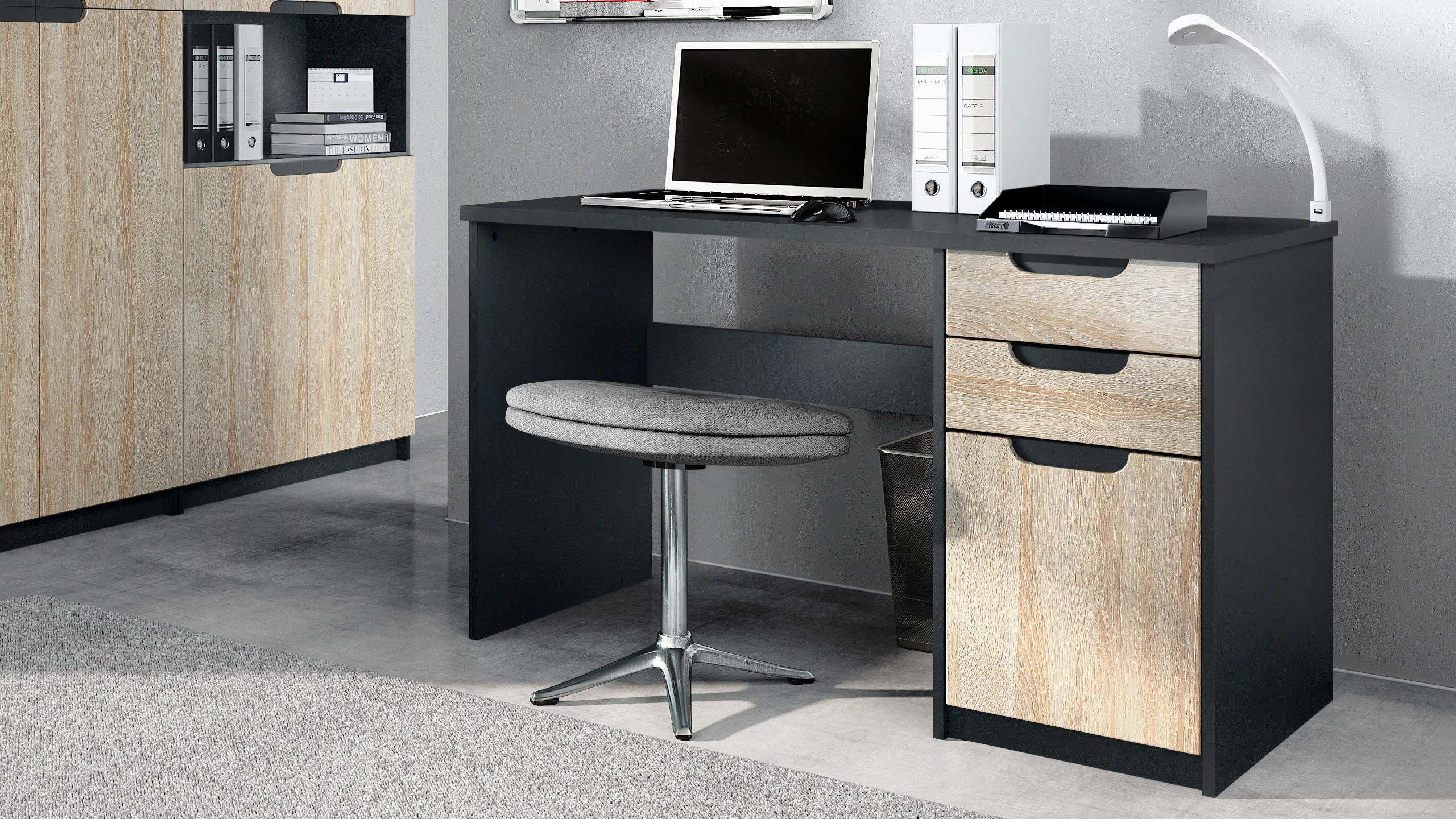 SCHREIBTISCH Logan Fronten in Eiche sägerau - Eiche San Remo, Holzwerkstoff (60/129/76cm) - Vladon