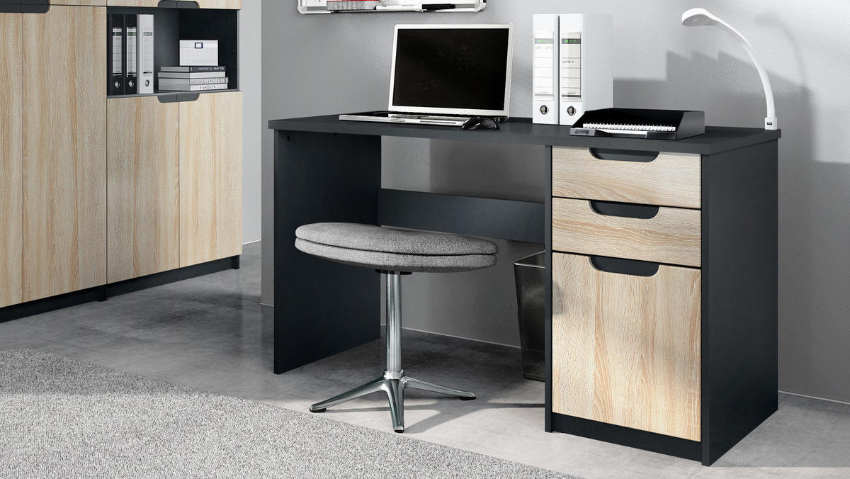 SCHREIBTISCH Logan Fronten in Eiche sägerau - Eiche San Remo, Holzwerkstoff (60/129/76cm) - Vladon
