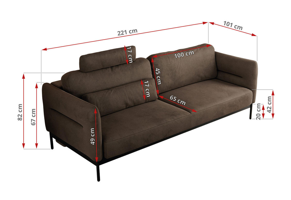 SOFA SALENTO Braun Velvet - Schwarz/Braun, Textil/Metall (221/82/101cm) - MKS