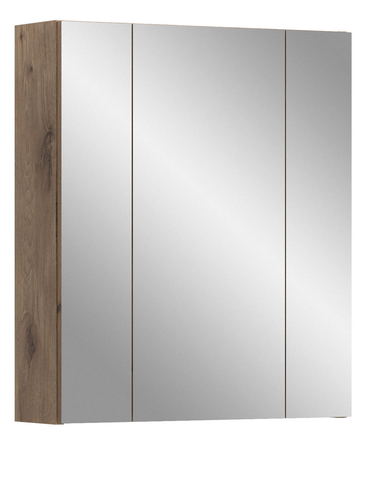 SPIEGELSCHRANK Eiche Nox, Badschrank Spiegel 3-türig / 3D, 9 Fächer 60 x 70 cm - Eichefarben, Glas/Holzwerkstoff (60/70/18cm) - Inn.Furn