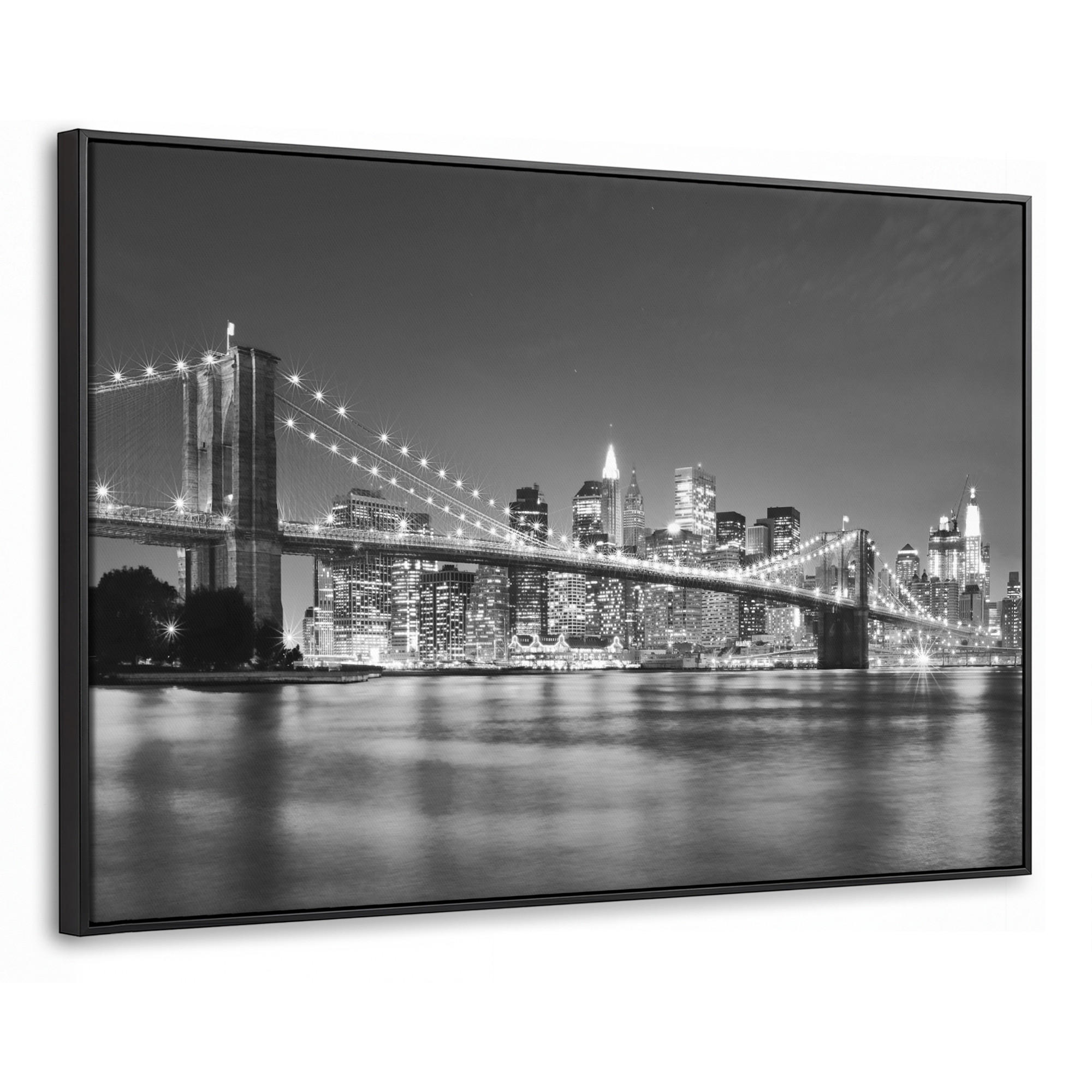 LEINWAND Bilder mit Rahmen - New York - Brücke - Brooklyn - Schwarz und weiß - Architektur - 150x100 - Schwarz, Textil (150/100cm) - MuchoWow